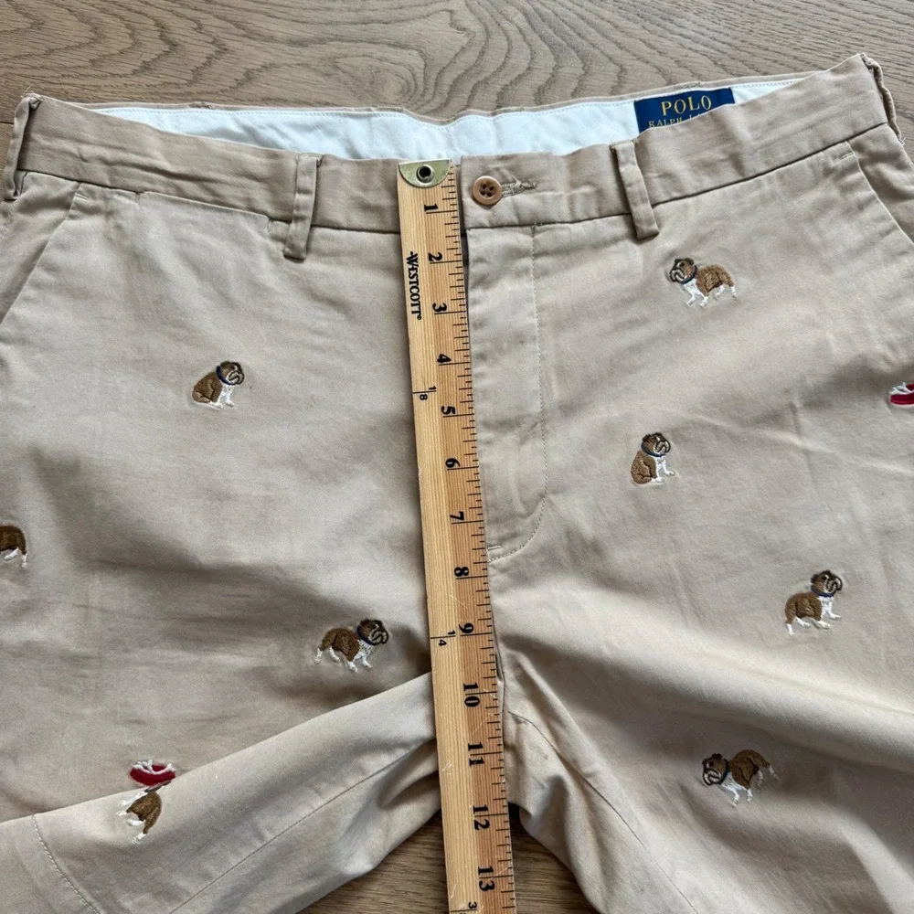 Polo Ralph Lauren Mens 34 Bulldog Embroidered Khaki Stretch Classic Fit Shorts